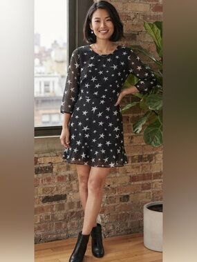 Black Star-Print Mini Dress - Sheer Sleeve Ruffle Hem